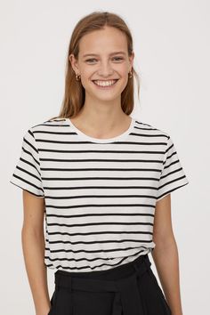 Glossy Jersey Top | White/black striped | WOMEN | H&M US Draping Top, Jersey Top, Baby Tee, Infant Tees, Black Stripes, Jumpsuit Dress