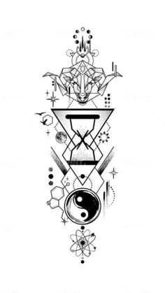 a black and white drawing of an abstract design with geometric shapes, lines, and symbols