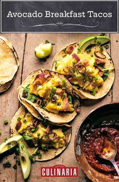 avocado breakfast tacos are served on tortillas and topped with salsa