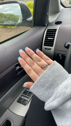 Two Color French Tip Nails Square, Teal French Tip Nails Short, Prom Nails Square Short, Teal French Tip Nails Square, Blue Square French Tip Nails, Colorful French Tip Nails Square, Blue French Acrylic Nails, Blue French Tip Nails Square, Nails Square Round