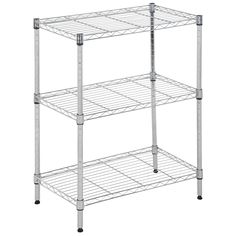 three tier metal shelving unit with wheels on the bottom and one shelf above it