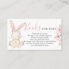 a pink and white baby shower book for baby card with an image of a bunny