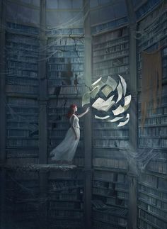 a woman in a white dress is standing in a library with books flying from her hands