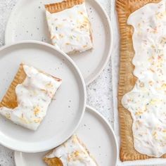 three white plates with slices of gluten free dessert on them and the text gluten free