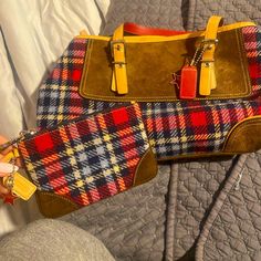 Bag And Matching Wallet. Never Used! Coach Multicolor Clutch Bag, Multicolor Coach Clutch Bag, Coach Rectangular Wallet For Shopping, Coach Rectangular Bag With Interior Key Chain Holder, Coach Bag, Coach Bags, Bag Lady, Plaid, Wallet