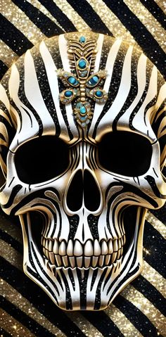 a close up of a skull on a black and white background with gold glitters