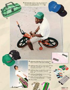 an ad for the nike brand featuring a man on a tricycle and other items