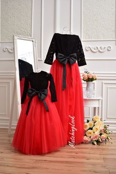 Red Black Dress, Mother Daughter Matching Dress, Mommy and Me Outfit Mother daughter matching maxi lace tutu dresses in black and red color. Mommy and Me matching outfits can be ordered in different colors. Mommy`s dress is maxi tutu dress with 3/4 sleeves, and daughters dress is floor length tutu with long lace sleeves. Color and fabric: cotton lace and cotton lining, tulle Length of the dresses can be made as you wish. Additional cost may be applied For better fit you can leave in the note to Mommy And Me Black Dress, Floor-length Tulle Dress For Costume Party, Elegant Tulle Dresses For Costume, Elegant Tulle Dresses For Costume Events, Elegant Tulle Costume Dresses, Red Evening Dress For Halloween, Halloween Party Floor-length Gown, Red Lace Gown For Party, Red Lace Party Gown