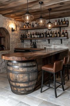 a home bar with wine bottles on the shelves and stools in front of it