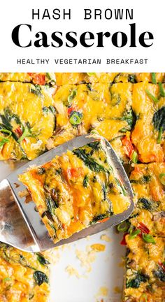 hash browns casserole with text overlay that reads hash browns casserole healthy vegetarian breakfast