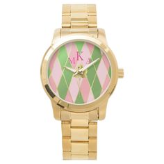 Trendy Pink and Green Gold Argyle Monogram  Watch Green Watch, Luxury Bracelet, Sorority Gifts, Stylish Watches, Watch Gifts