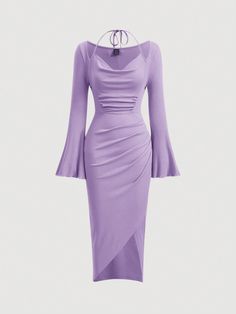 Women's Solid Color Draped-Neck Wrap Hem Bell Sleeve Dress Mauve Purple Elegant  Long Sleeve Knitted Fabric Plain Bodycon High Stretch  Women Clothing, size features are:Bust: ,Length: ,Sleeve Length: Satin Bodycon Dress, Asymmetrical Hem Dress, Flare Sleeve Dress, Mesh Bodycon Dress, Mauve Purple, Mauve Dress, Ruffle Sleeve Dress, Printed Sleeveless Top, Ruched Bodycon Dress