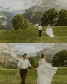 two pictures of a man and woman walking in the grass with mountains in the background