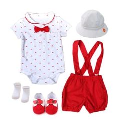 White and Red Boy Outfit - Momorii White And Red Outfit, Sailor Hat, Red Romper, Active Kids