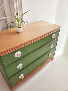 a green dresser with white knobs and a potted plant on top