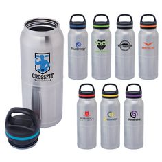 the stainless steel water bottle is shown with six different colors and sizes, including one for each