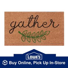 a door mat with the words gatherr on it and an image of leaves in black ink