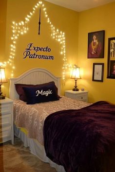 a bed room with a neatly made bed and pictures on the wall above it that says expect patronum