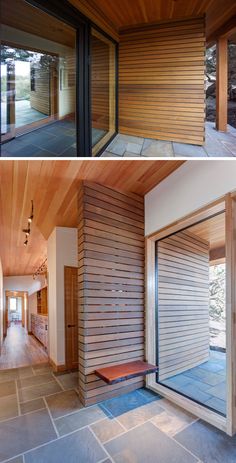 the inside and outside of a house with wood sidings on the walls, windows, and doors