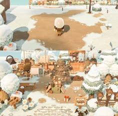 two screens showing the same scene in an animated video game, with snow on the ground