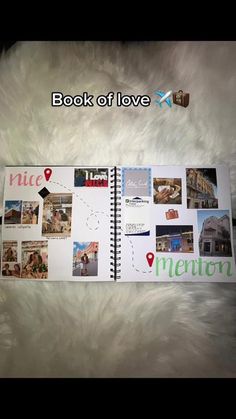 the book of love is open on top of a white fur covered surface with photos and magnets