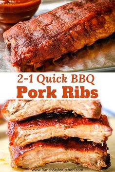 two pictures of pork ribs with bbq sauce in the middle and on the bottom