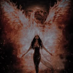 a woman standing in front of an angel with her arms spread out and fire behind her