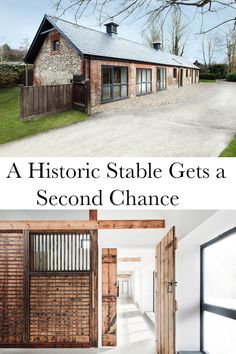 the inside and outside of a house with text overlay that reads a historic stable gets a second chance