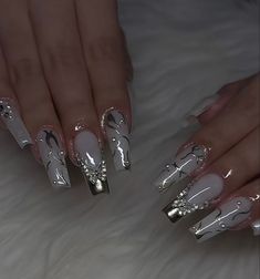 Gray Y2k Nails, Sliver Y2k Nails, Silver Grunge Nails, Silver Chrome Cross Nails, Short Acrylic Nail Ideas, Nails Short Acrylic, Acrylic Nails Summer, Acrylic Nails Short, Nail Ideas Acrylic