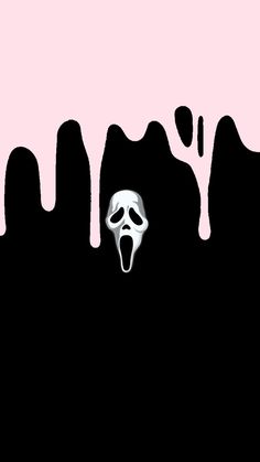 a creepy ghost with its mouth open in front of some pink paint dripping down the wall