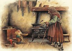 an old woman is cooking in the kitchen with two cats and a dog on the floor