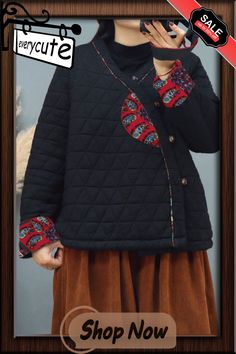 Plus Size Women Ethnic Patch Spliced Winter Padded Coat Folk Style Patchwork Outerwear For Fall, Folk Style Patchwork Fall Outerwear, Black Bohemian Patchwork Outerwear, Bohemian Black Patchwork Outerwear, Bohemian Black Outerwear With Patchwork, Padded Coat, Women's Style, Winter Coat, Plus Size Fashion