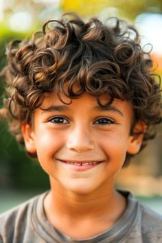 Cropped Curly Top Haircut on smiling boy with brown hair. Curly Top Haircut, Curly Hair Toddler Boy Haircut, Toddler Boy First Haircut, Boy Curly Haircut, Thick Curly Haircuts, Toddler Boy Haircut Curly, Boys First Haircut, Wavy Hair Cuts