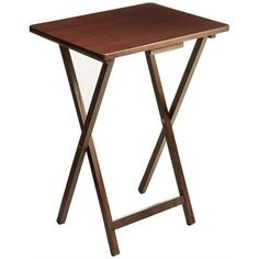 a small wooden table with two legs and a brown top on an isolated white background