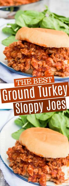 the best ground turkey sloppy joes on a plate with lettuce and tomatoes