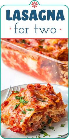 lasagna for two on a plate with a fork