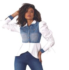 For Her NYC 82046 1 piece Denim Top Colors: Army Green, White Sizes: S, M, L, XL, 1X, 2X Fall Cotton Denim Top, White Stretch Denim Tops, White Denim Tops For Fall, Denim Top, Army Green, 1 Piece, Green, White, Color