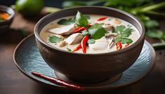 a bowl of soup on a plate with red peppers and cilantro in it