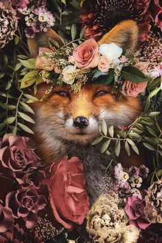 a fox with flowers on its head surrounded by other flowers