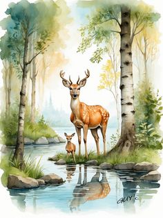 a watercolor painting of two deer standing next to each other near a river and trees