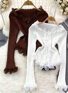 Elegant White Knit Top, Feminine Brown Tops For Fall, Elegant Knit Tops With Ruffles, Elegant Ruffled Knit Tops, Elegant Brown Stretch Top, Elegant Stretch Brown Top, Elegant Winter Tops With Lace Trim, Elegant Lace Trim Tops For Winter, Elegant White Stretch Knit Top