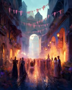 a painting of people walking down a street in the middle of a city at night