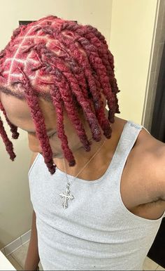 red locs Dark Red Locs Men, Burgundy Locs Men, Color Locs Men, Dyed Cornrows Men, Red Locs Men, Red Dreads Men, Red Hair Dreads, Dreadlock Colors, Red And Black Dreads