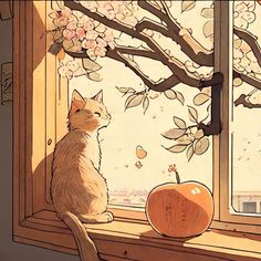 Cottage Core Cat Drawing, Cat On Tree Drawing, Cat In A Tree Drawing, Cat In Window Illustration, Cat In Tree Drawing, Cat Sitting Illustration, Cat Window Painting, Cat Looking Out Window Drawing, Outside Drawings