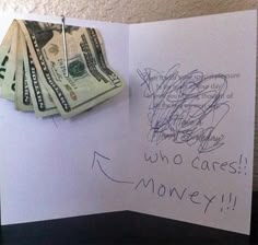 a bunch of money sitting on top of a piece of paper with the words who cares?