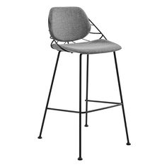 an upholstered bar stool with a grey seat and black frame, viewed from the front