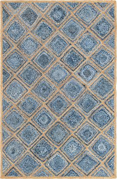 a blue and yellow rug with squares on it