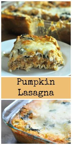 pumpkin lasagna casserole with cheese and spinach in the bottom left