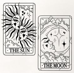 two playing cards with the sun and the moon on them, both in black and white