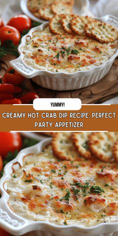 creamy hot crab dip recipe perfect for party appetizers with crackers and tomatoes